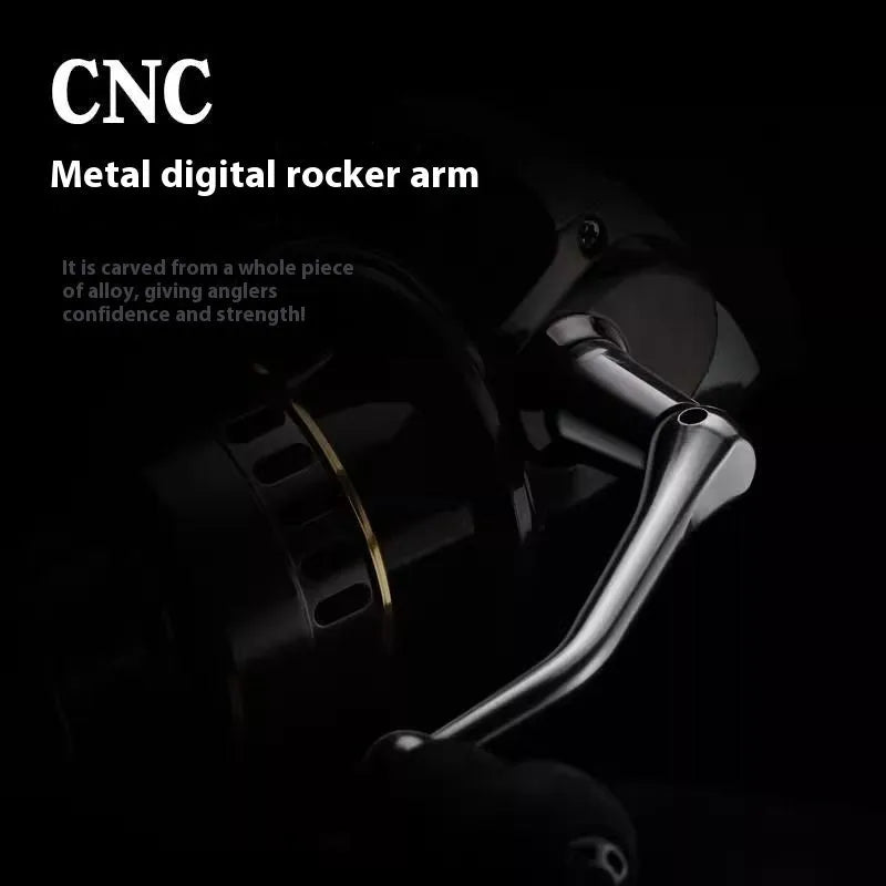 HE series all-metal spinning fishing reel with metal lotus grip pill on a dark background