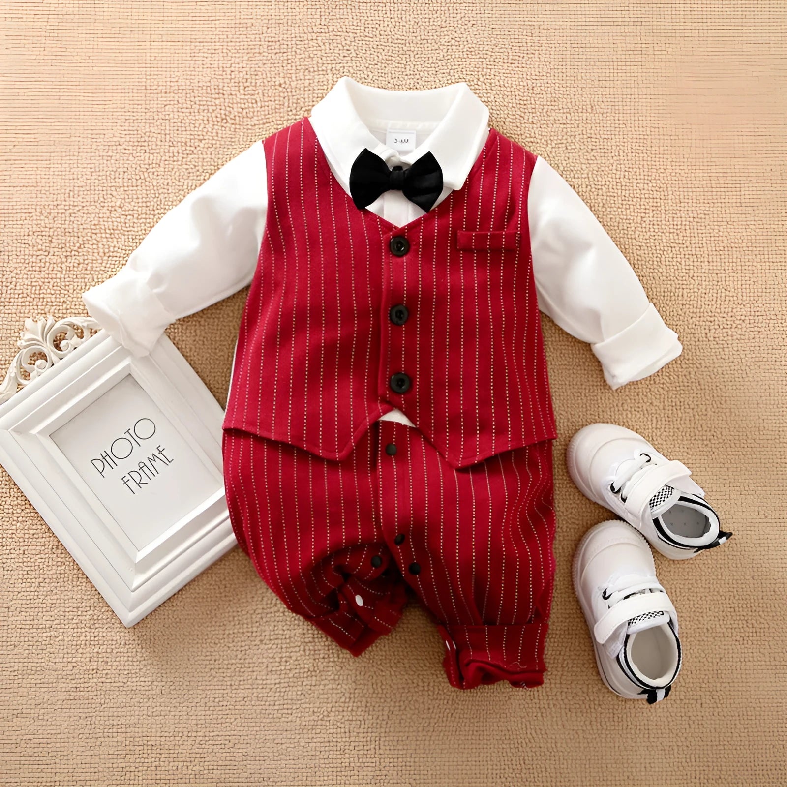 Gentleman style baby boy cotton jumpsuit in wine red colour with single-breasted closure and long sleeves