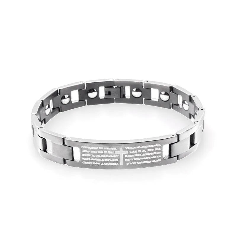 Titanium steel curved bracelet for men, electroplated black finish with geometric quadrilateral pattern