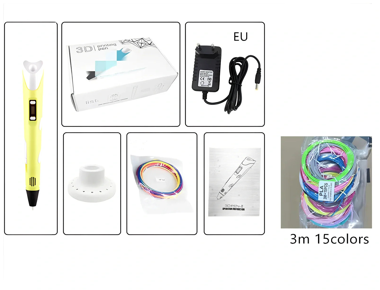 Yellow Children's 3D Printing Pen with USB, base, and 3m 3-colour consumables for three-dimensional drawing