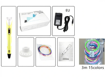 Yellow Children's 3D Printing Pen with USB, base, and 3m 3-colour consumables for three-dimensional drawing