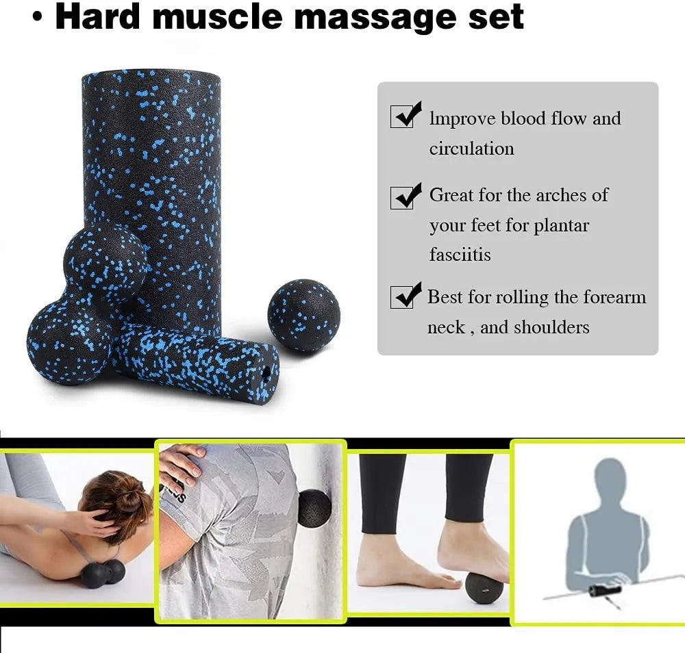 Three-piece yoga column peanut ball set in black and blue with EPP foam half roller, lacrosse ball, and peanut massage ball
