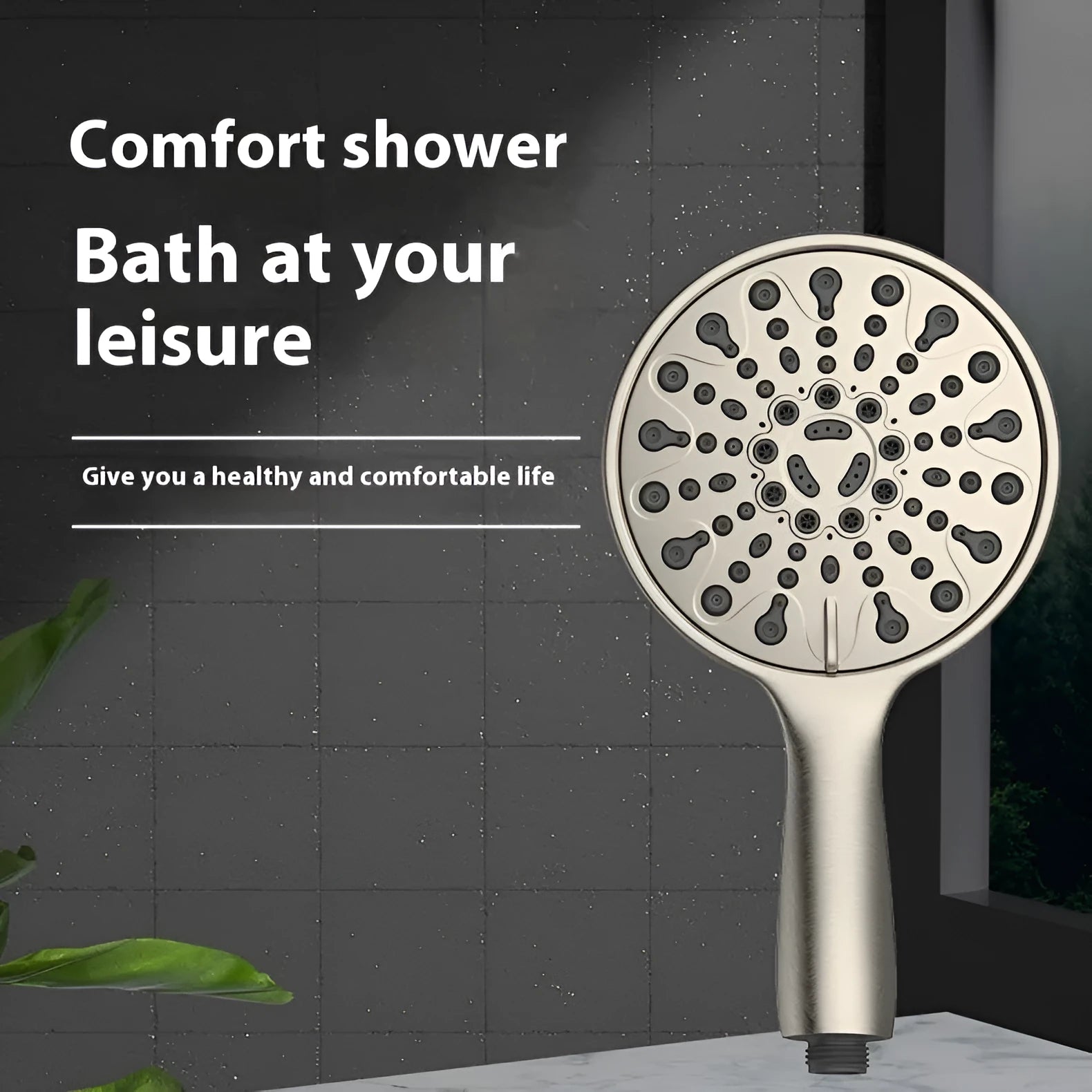 6-inch six-function handheld shower head with electroplated finish showing spray modes