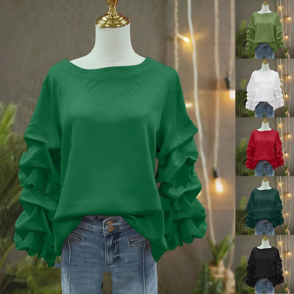 Women's pleated long sleeve polyester top in solid colour, design sense fashion, available in army green black green mint green red white