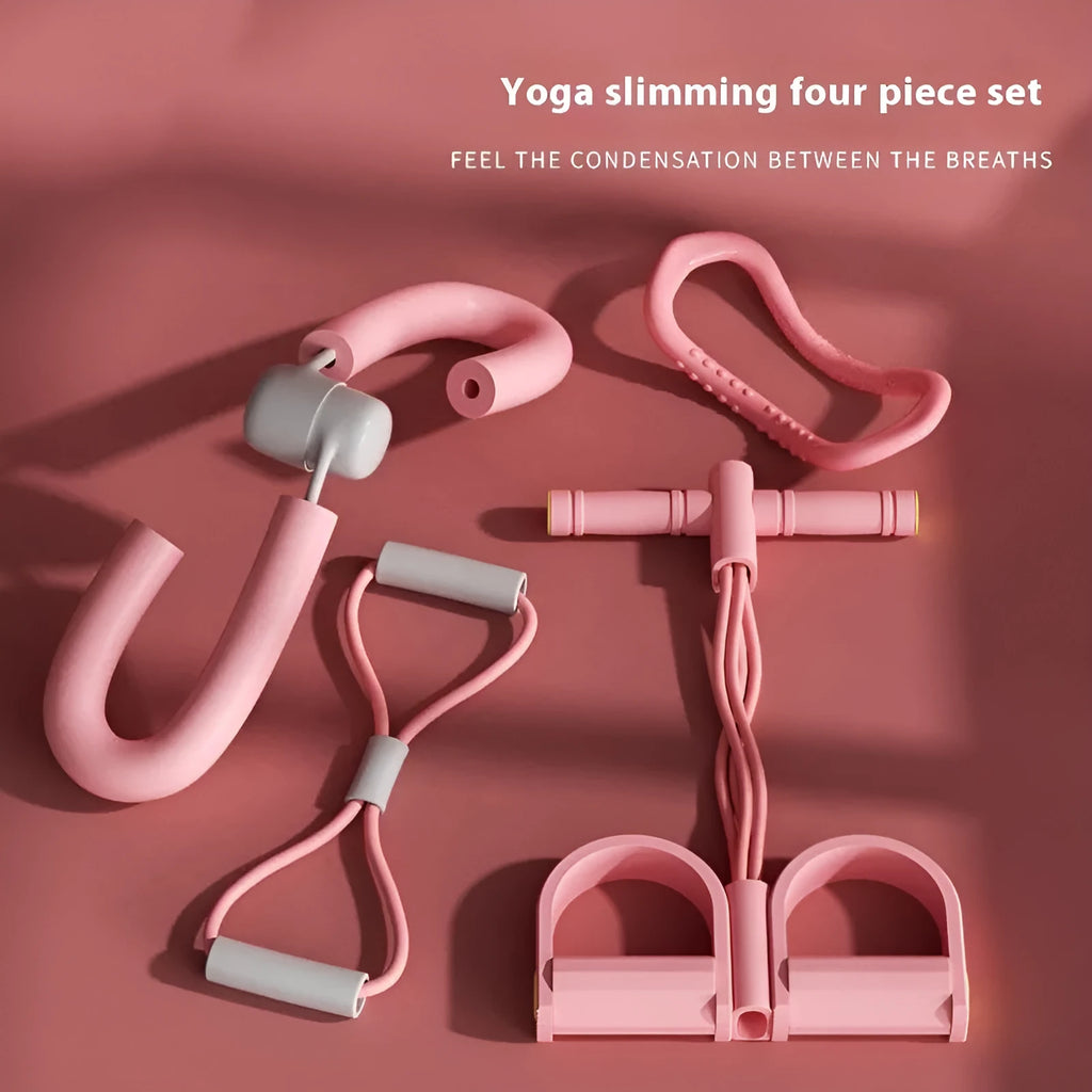 Yoga four piece set showing leg beauty device, yoga ring, pedal tension device and figure eight tension rope.