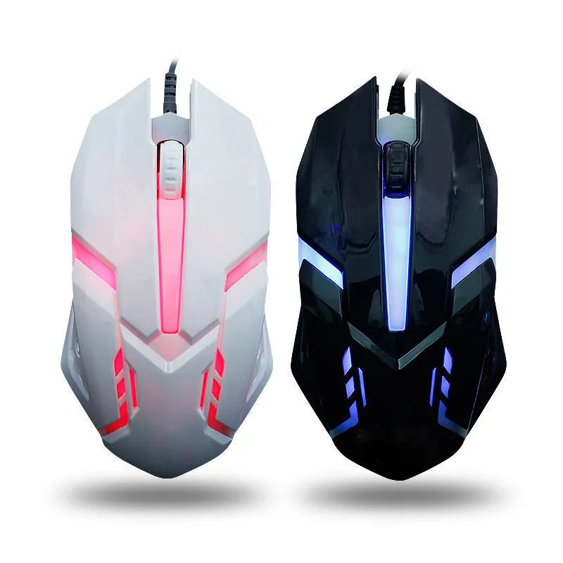 Wired USB mouse with colourful breathing light and 1.2-metre cable on a desk
