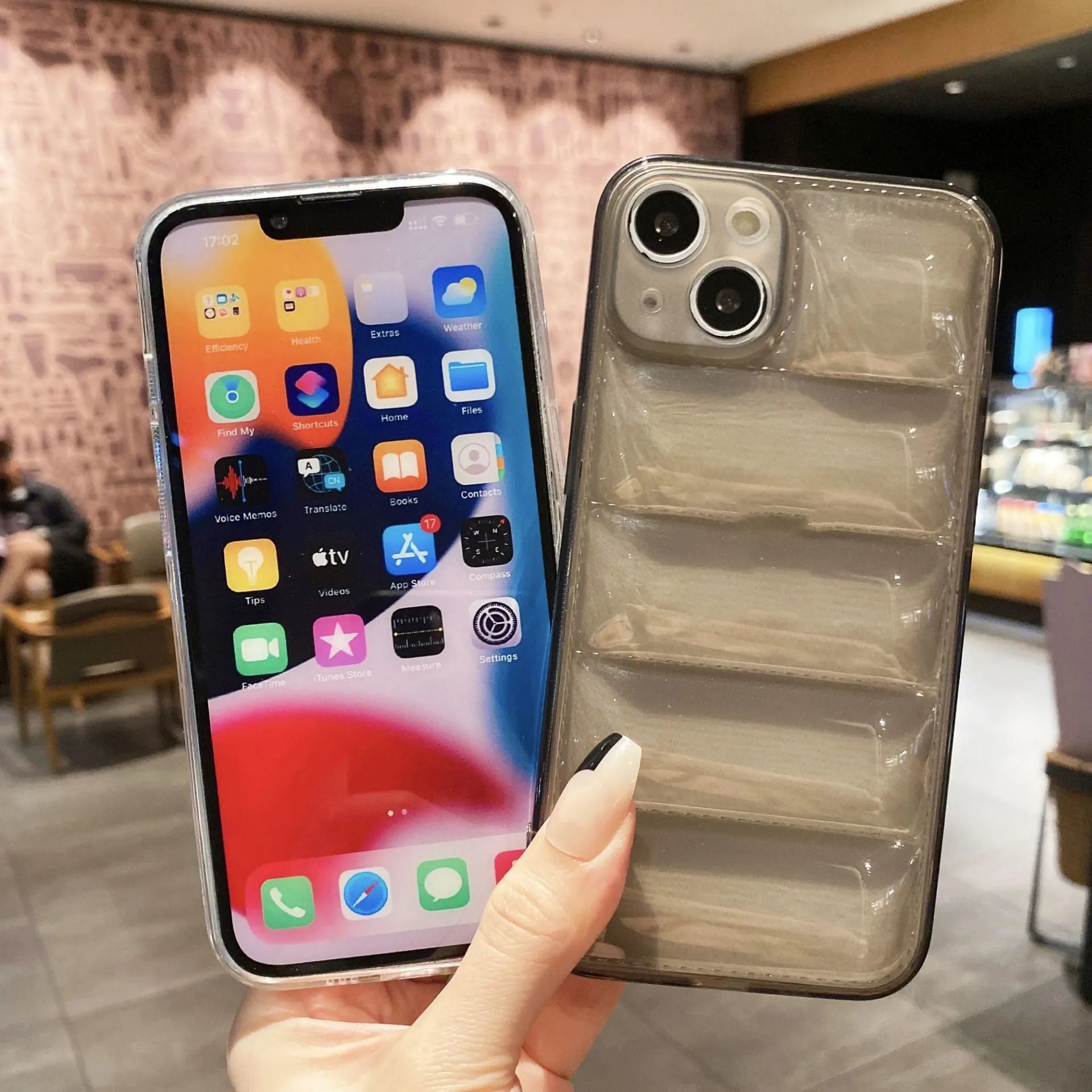 Transparent TPU phone case with down jacket texture for iPhone 15, shockproof air cushion design