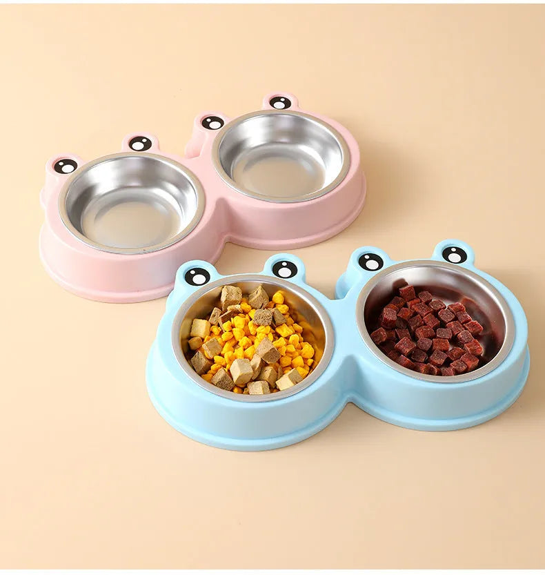 Blue stainless steel double pet bowl with frog design and non-slip base for cats and dogs
