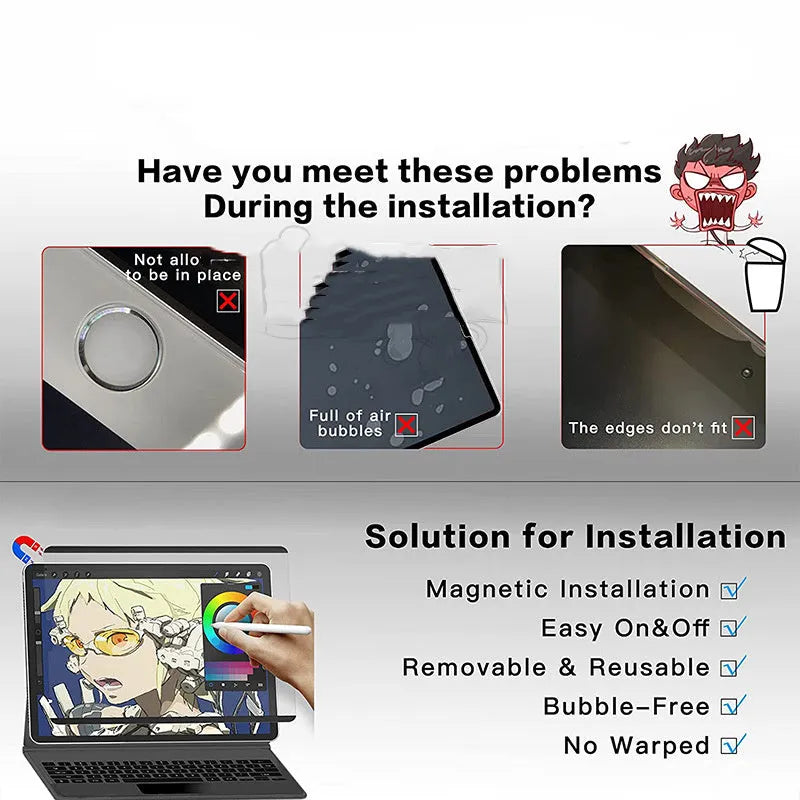 Flat frosted magnetic PET screen film for iPad with matte surface and magnetic attachment