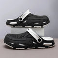 Men's grey closed toe EVA beach slippers with a non-slip sole and flat heel on a poolside.