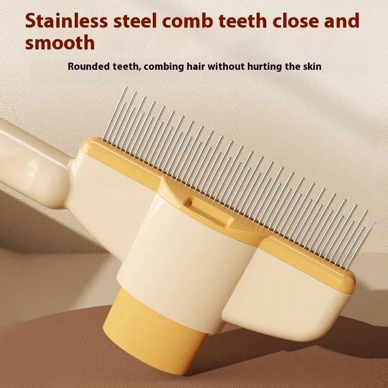 Yellow and green self-cleaning pet comb with stainless steel teeth and release button