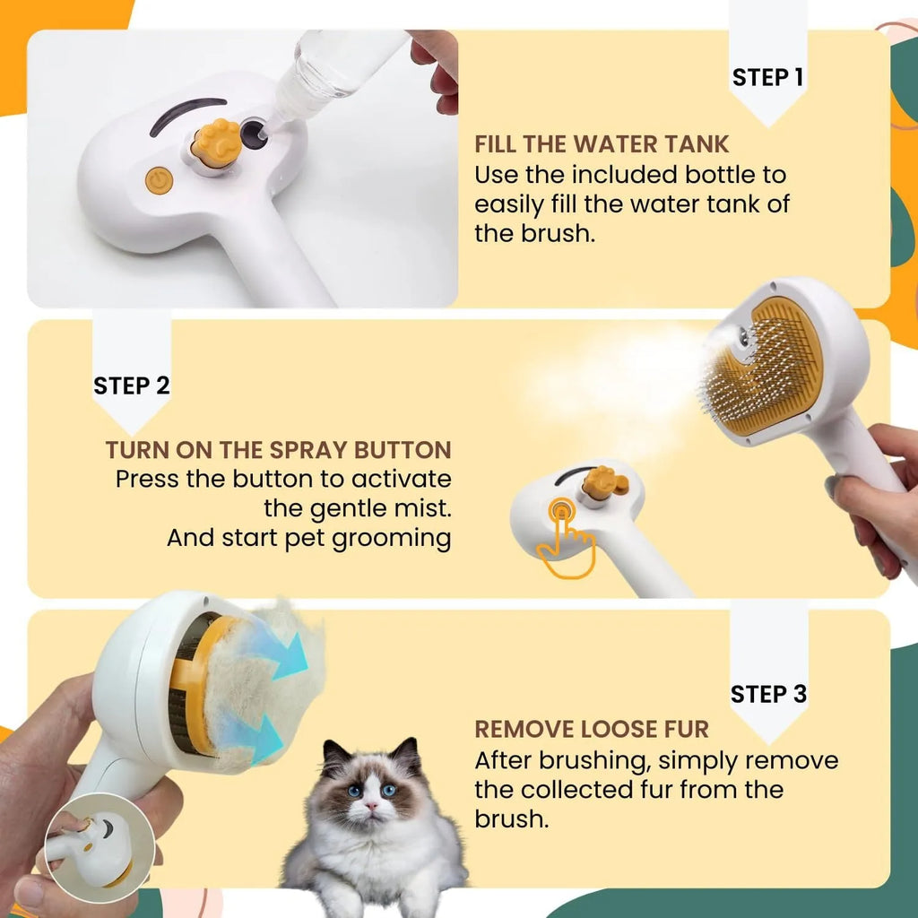 White pet grooming brush with steam spray function and self-cleaning mechanism for dogs and cats