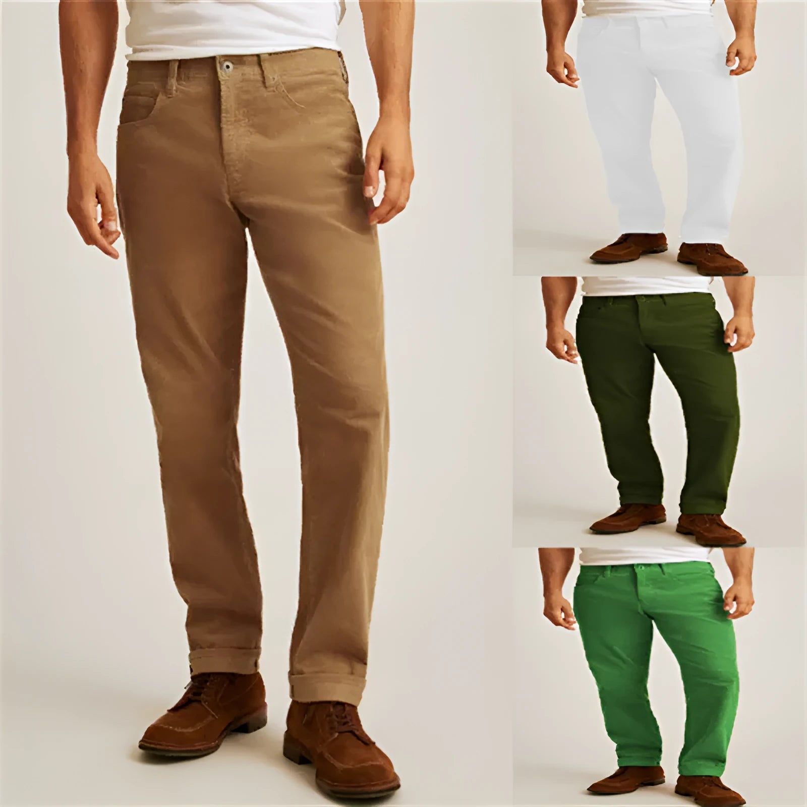 Men's solid colour corduroy trousers in a straight leg, loose casual fit on a hanger.