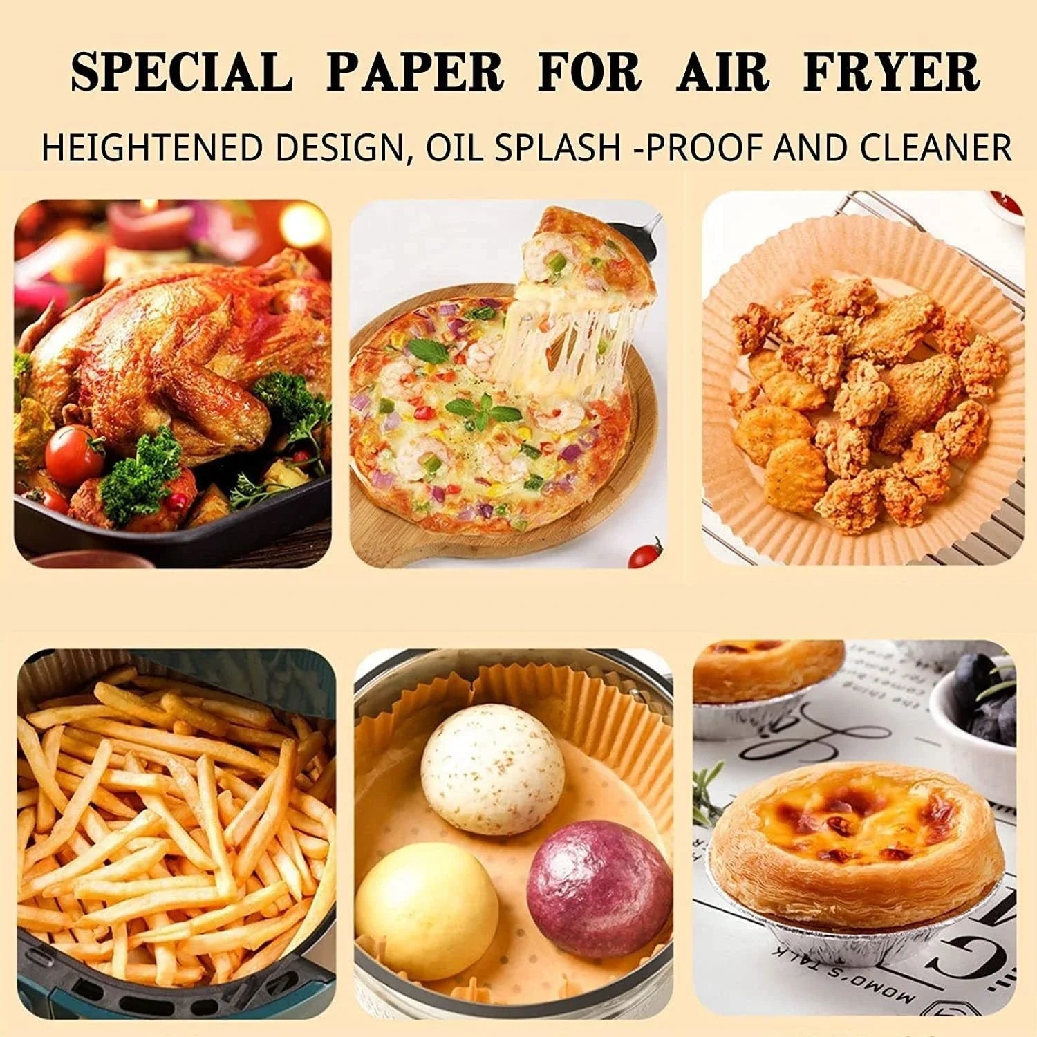 Premium disposable air fryer liners made of heat-resistant parchment paper, designed to keep your appliance clean and make cooking mess-free.