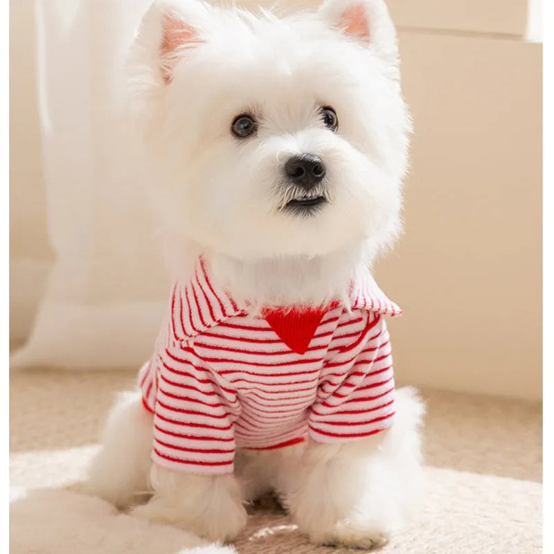 Red striped warm fleece pet clothing for small dogs and cats with two leg openings and embroidered pocket