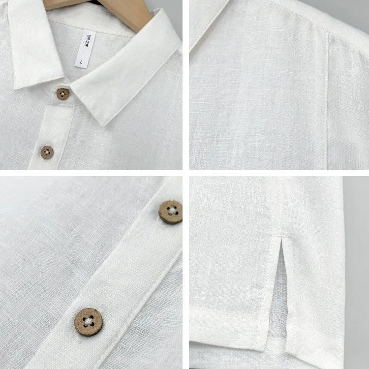 Men's light linen summer top with thin lapel collar and short sleeves in loose fit