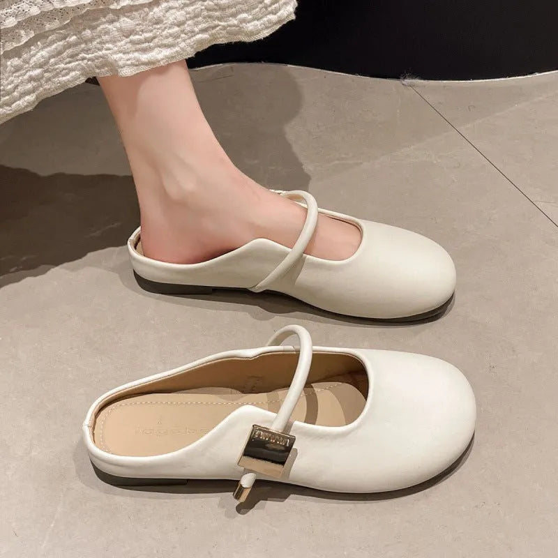 Casual slip-on shoes with square metal buckle toe cap, PVC sole, apricot colour, side view