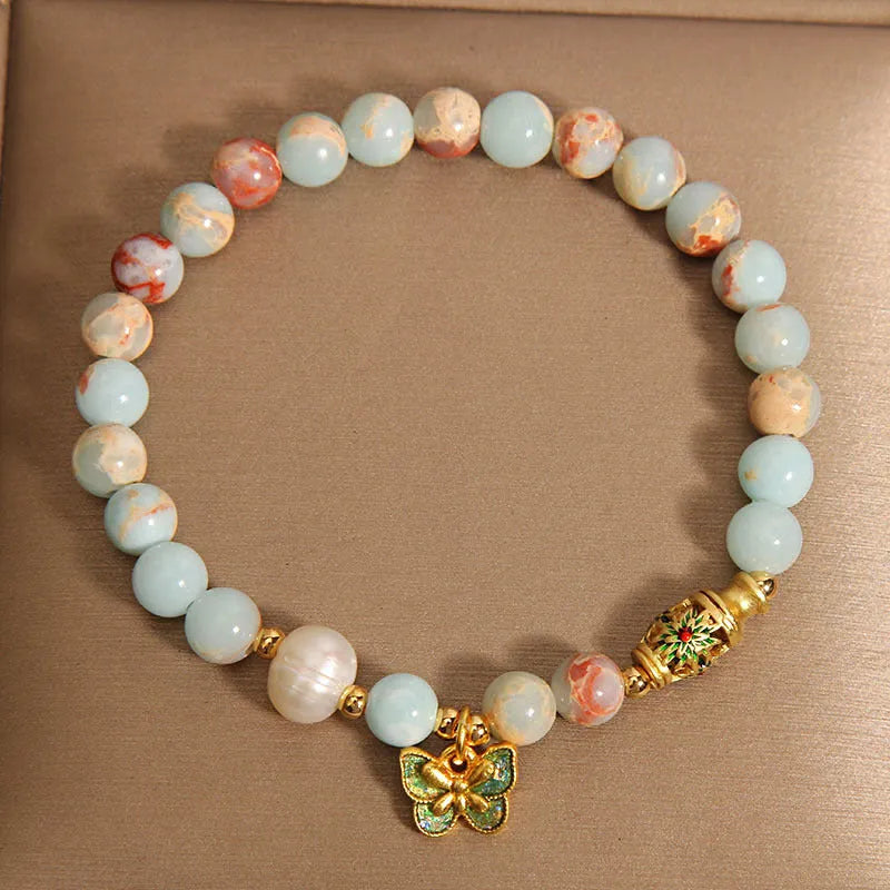 Blue freshwater pearl and Shoushan stone women's bracelet with butterfly pendant in minority-inspired design