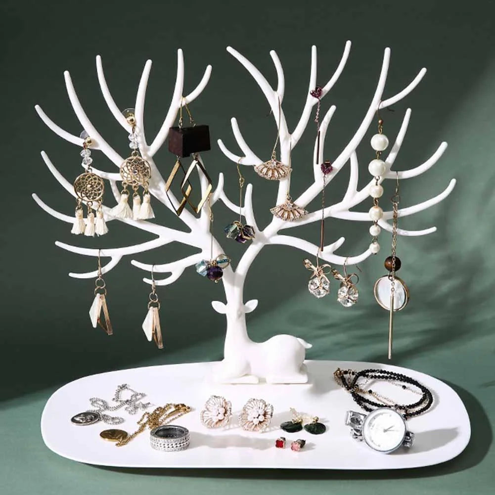 Deer antler jewelry stand in white and black, organising earrings and necklaces