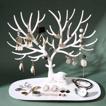 Deer antler jewelry stand in white and black, organising earrings and necklaces