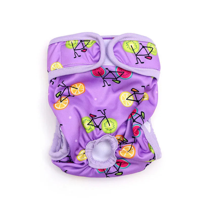 Cloth dog menstrual panties with colourful cartoon prints, available in multiple sizes and colours for heat-cycle protection