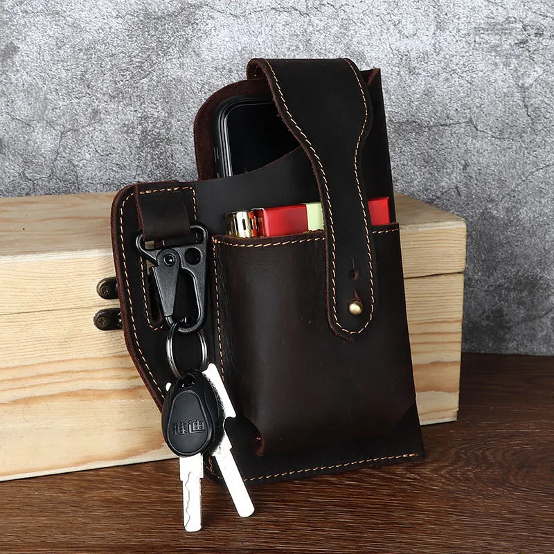 Men's black retro leather phone hanging belt bag with car suture detailing and cover-type opening