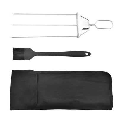 Stainless steel 3-prong BBQ skewer forks for perfect kebabs, non-stick and reusable.
