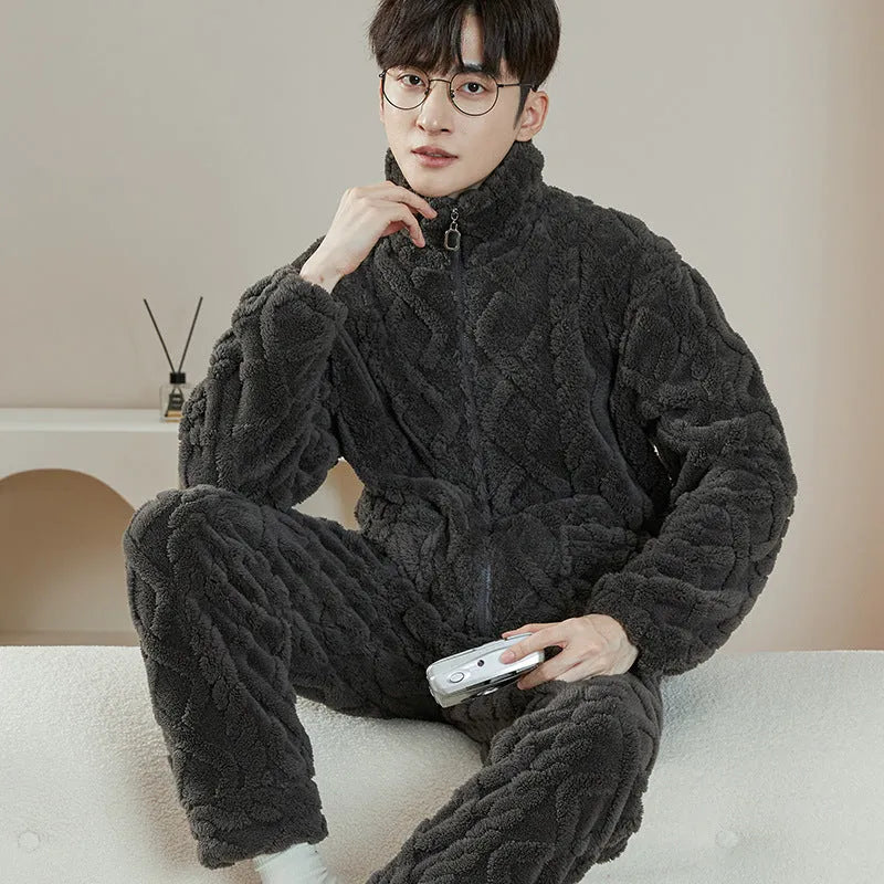 Mens flannel pyjama set with fleece lining, dark gray checkered jacquard pattern, loose fit loungewear