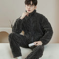 Mens flannel pyjama set with fleece lining, dark gray checkered jacquard pattern, loose fit loungewear