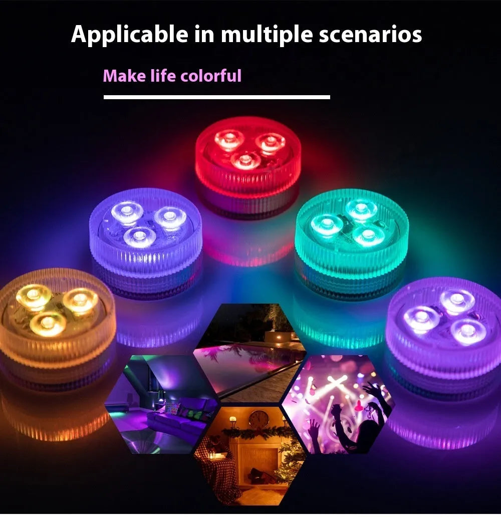 Compact remote control LED diving light for fish tanks with plastic waterproof housing.