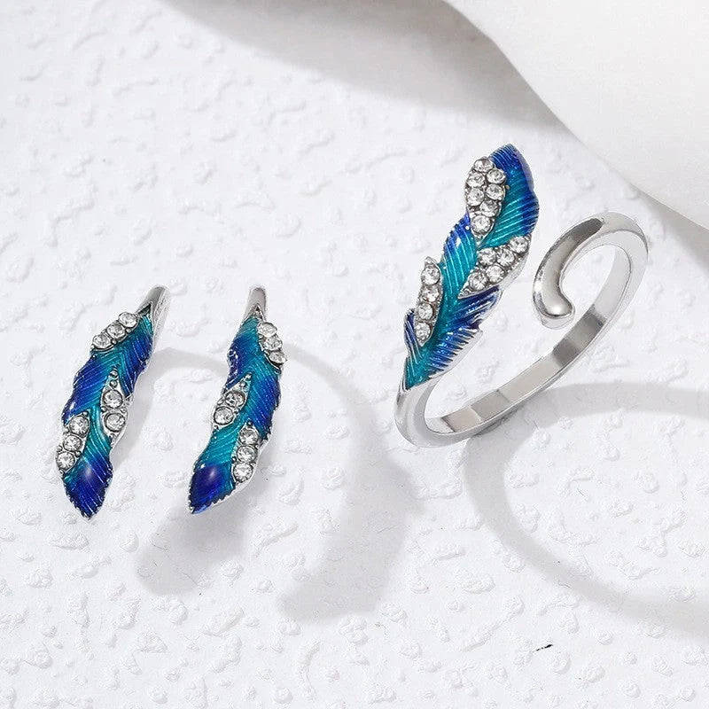 Bright blue feather earring and ring set in alloy with geometric design