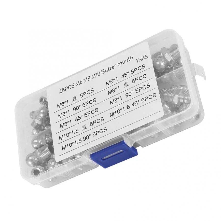 Boxed Straight Bend Grease Nipple Universal Lubrication Set with nickel-plated iron nozzles