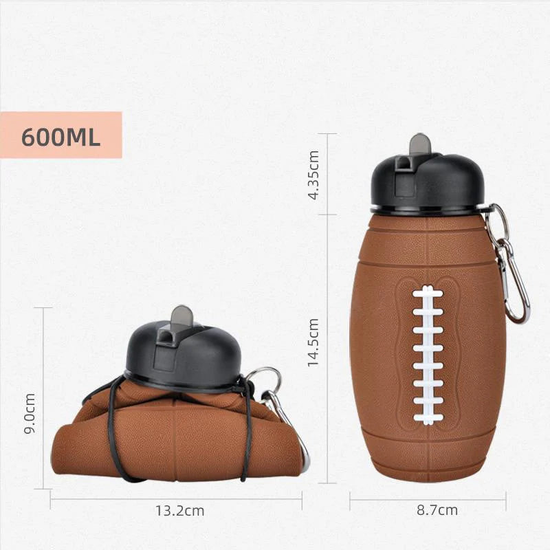 Brown rugby-shaped collapsible water bottle with leak-proof seal