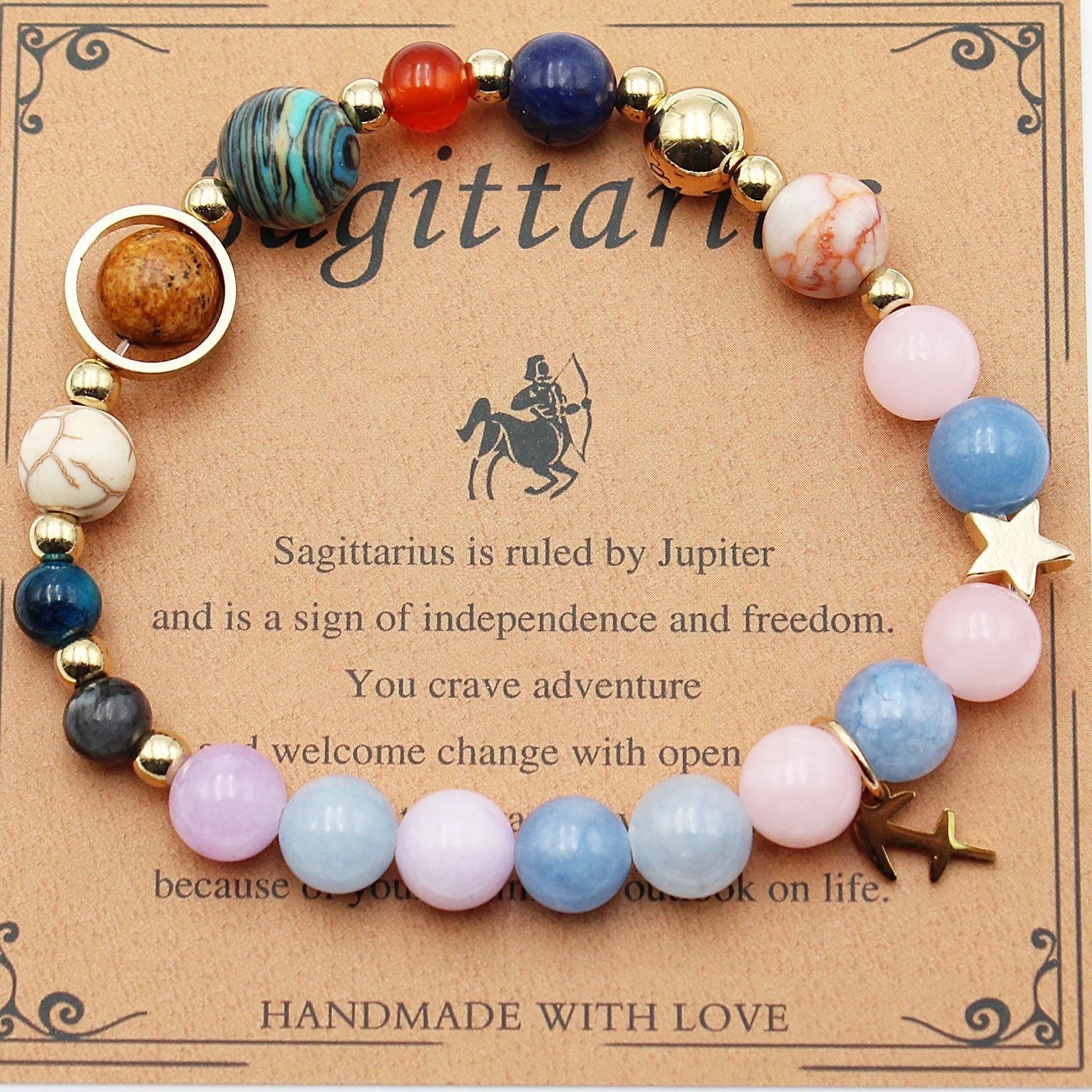 Morgan Stone beaded bracelet with twelve constellation designs, showcasing personalised zodiac signs.