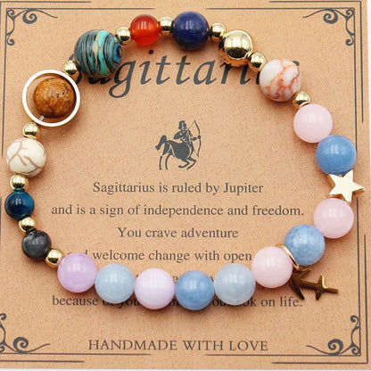 Morgan Stone beaded bracelet with twelve constellation designs, showcasing personalised zodiac signs.