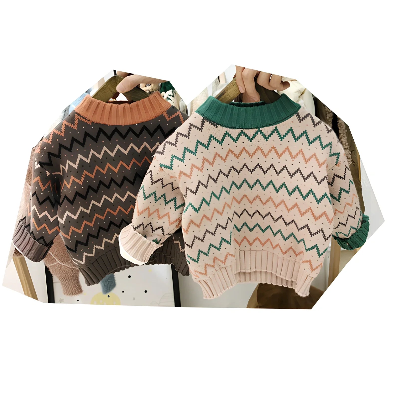 Children's long-sleeve wool sweater in apricot or brown, sizes 90-140cm with measurements length 36-52cm bust 54-74cm sleeve 31-47cm