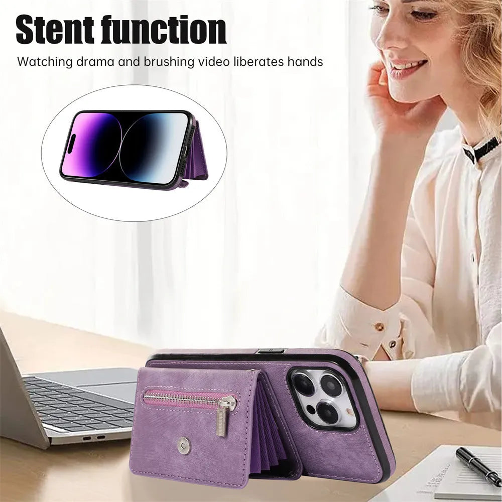 Blue phone case protective sleeve crossbody with magnetic closure, bracket stand, and card slot for iPhone models