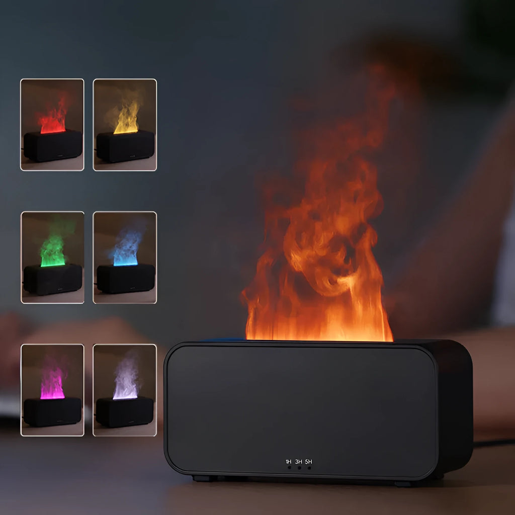 Black and white USB aromatherapy diffuser with simulated flame effect showing mist output.