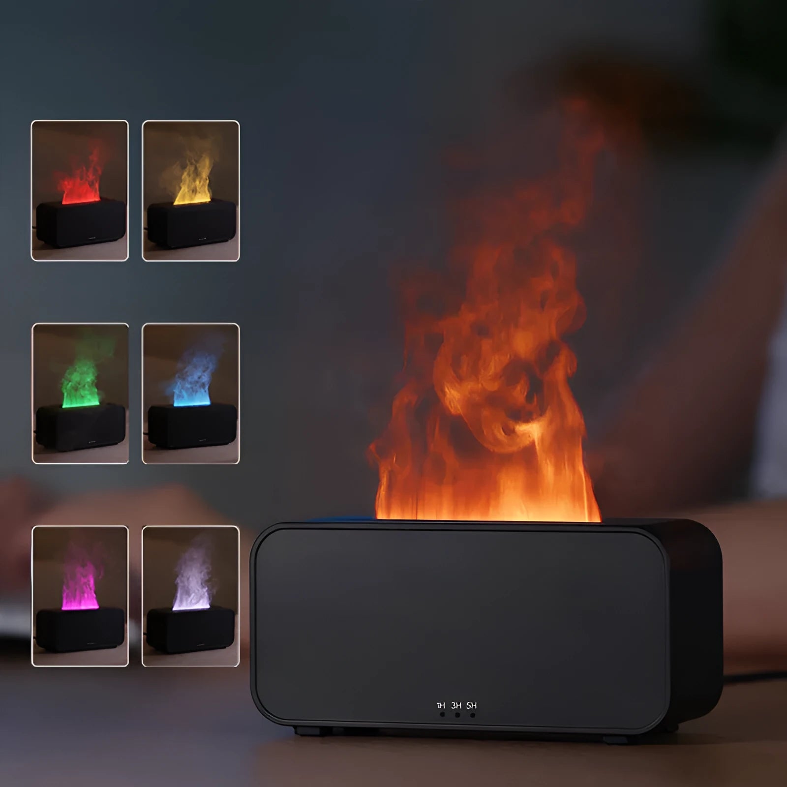Black and white USB aromatherapy diffuser with simulated flame effect showing mist output.