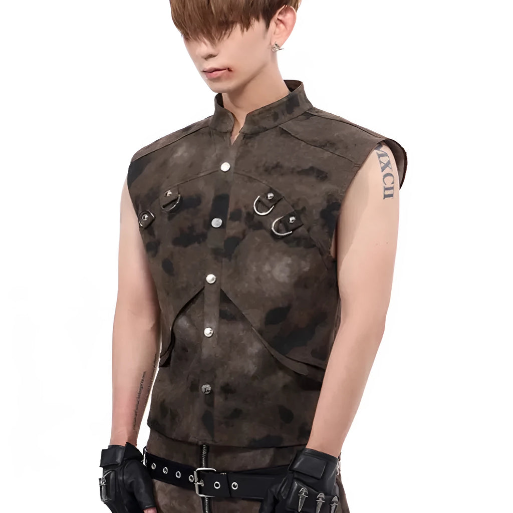Camouflage pattern denim vest and matching trousers laid flat, showing button front and semi-high collar.