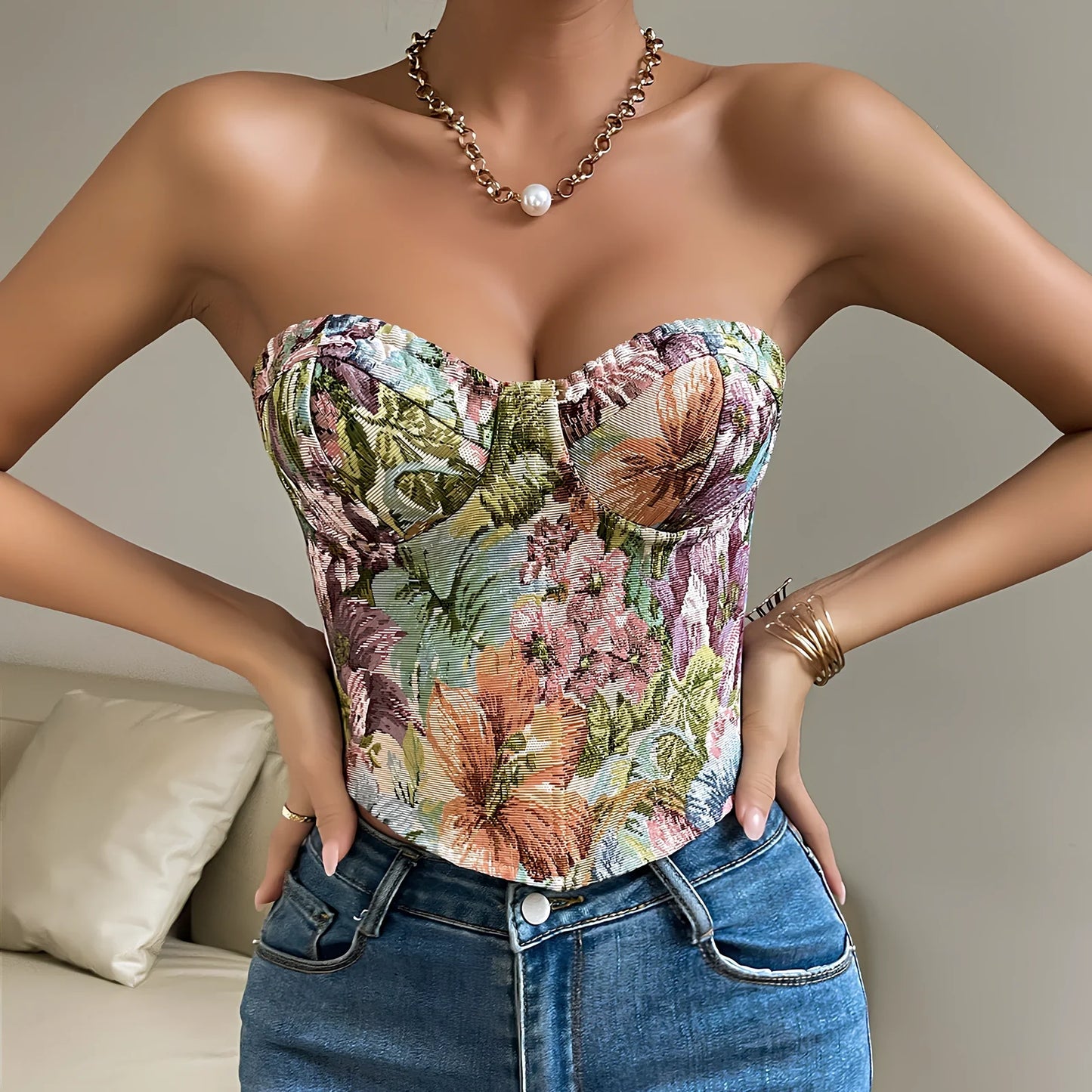 Women's Y2K floral lace tube vest top in apricot, 40cm crop length with back-tied strapless design, slim fit polyester tank