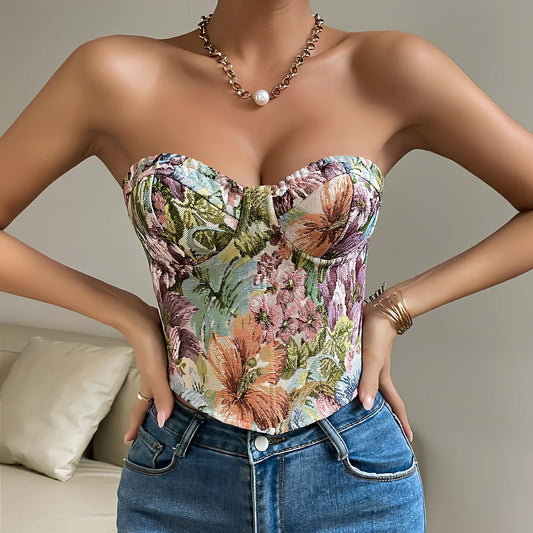 Women's Y2K floral lace tube vest top in apricot, 40cm crop length with back-tied strapless design, slim fit polyester tank
