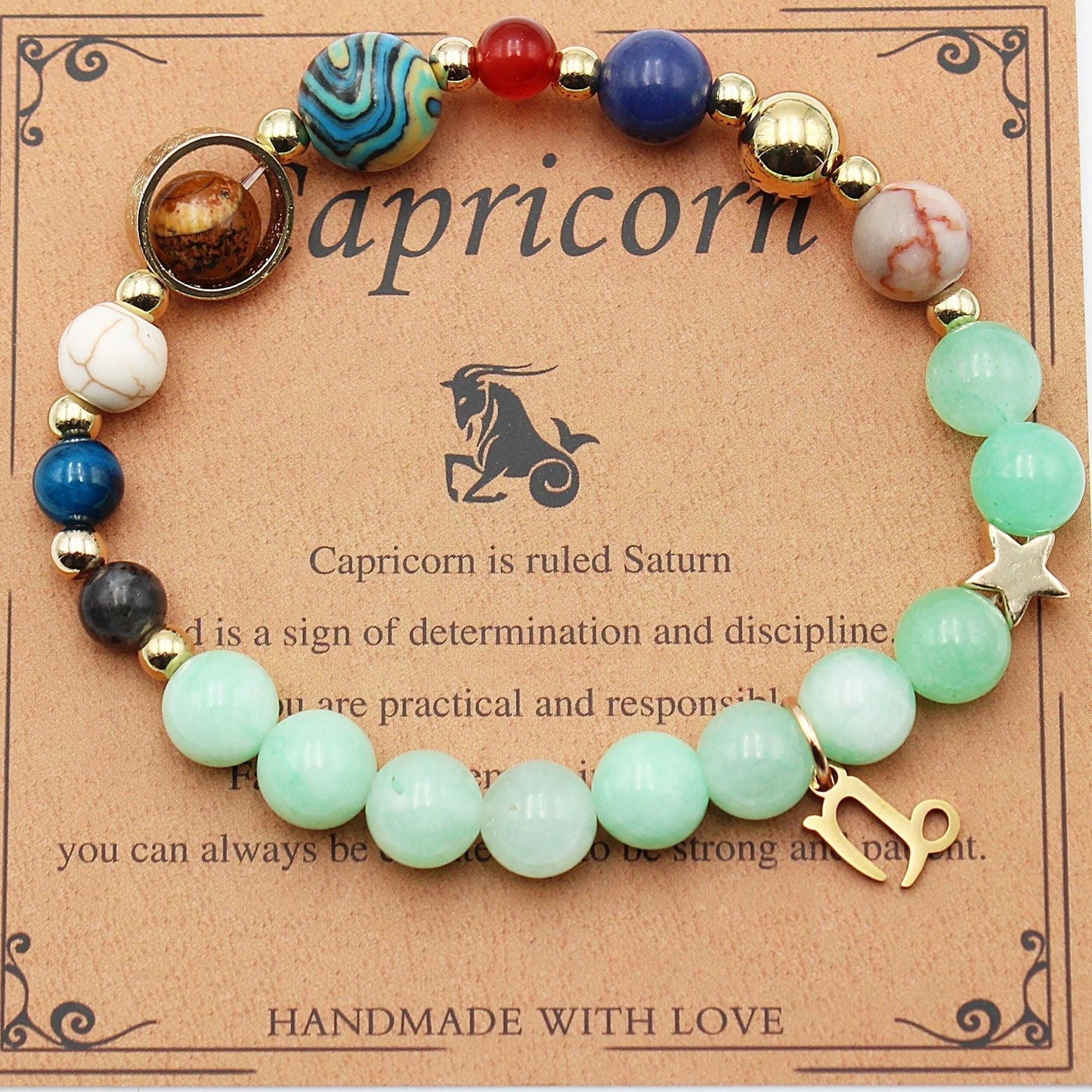 Morgan Stone beaded bracelet with twelve constellation designs, showcasing personalised zodiac signs.