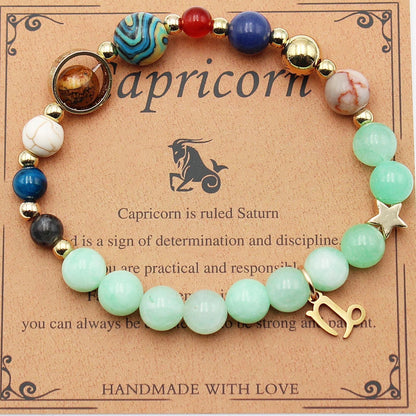 Morgan Stone beaded bracelet with twelve constellation designs, showcasing personalised zodiac signs.