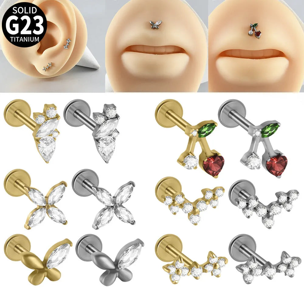 G23 titanium stud earrings with cherry zircon butterfly flower design, 1.2x8mm, gold electroplated finish
