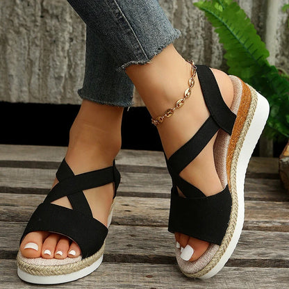 Women's cross-strap platform gladiator sandals with hemp heel in various colours