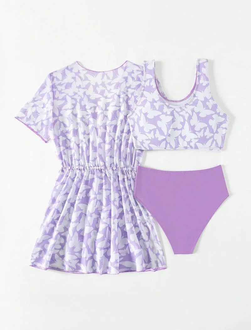 Girls' three piece split swimsuit cover print set in polyester for swimming.