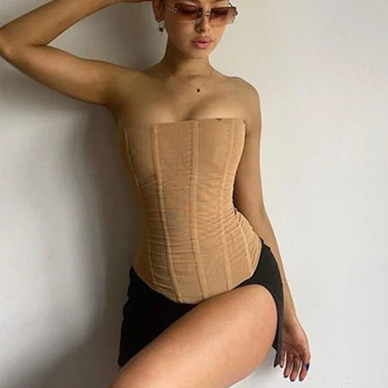 Sleeveless mesh crop top in black, khaki, and white colors for women's summer fashion