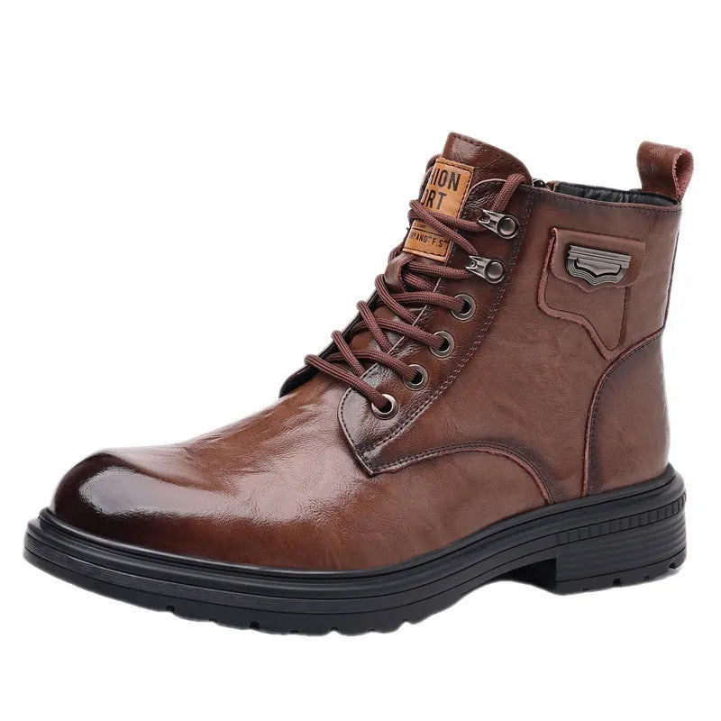 Men's Fashion Haulage brown cowhide leather booties low heel 1-3cm side view