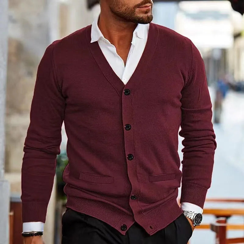 Men's slim fit acrylic cardigan sweater coat in dark gray, showing front button detail and long sleeves.